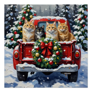 Siberian Cat Christmas Red Truck Holiday Poster