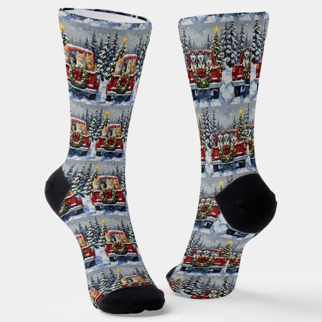 Siberian Cat Christmas Red Truck Holiday Socks (Angled)