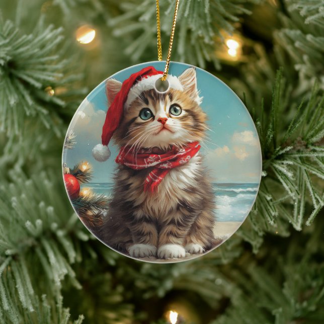 Siberian Cat Christmas Vintage Beach Ceramic Ornament (Tree)