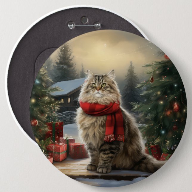 Siberian Cat in Snow Christmas 6 Inch Round Button (Front & Back)