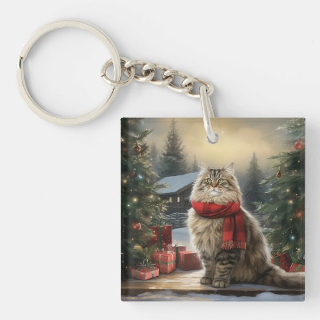 Siberian Cat in Snow Christmas Keychain (Front)