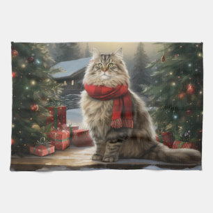 Siberian Cat in Snow Christmas Kitchen Towel
