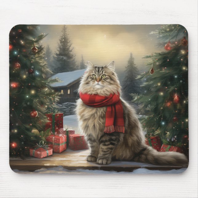 Siberian Cat in Snow Christmas Mouse Pad (Front)