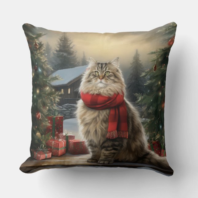 Siberian Cat in Snow Christmas Throw Pillow (Front)