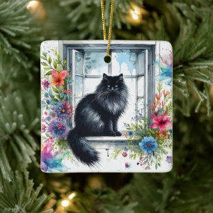 Siberian Cat on Window with Watercolor Splashes Ceramic Ornament