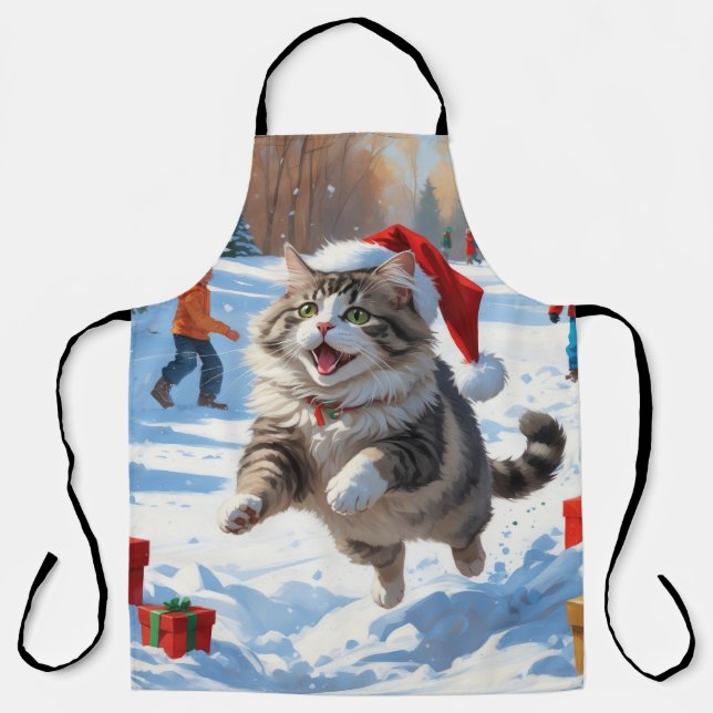Siberian Cat Running in Snow with Christmas Hat Apron (Front)