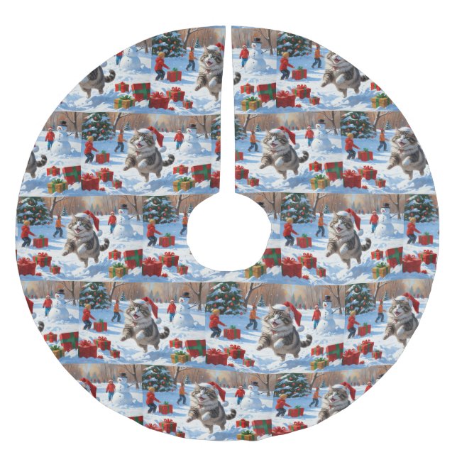 Siberian Cat Running in Snow with Christmas Hat Brushed Polyester Tree Skirt (Front)