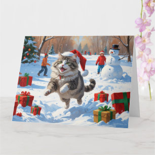 Siberian Cat Running in Snow with Christmas Hat Card