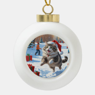 Siberian Cat Running in Snow with Christmas Hat Ceramic Ball Christmas Ornament