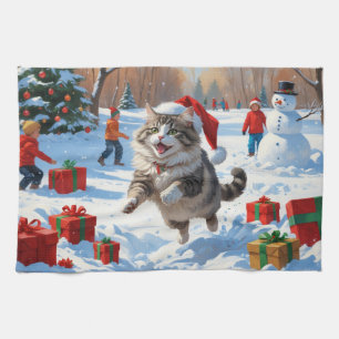 Siberian Cat Running in Snow with Christmas Hat Kitchen Towel