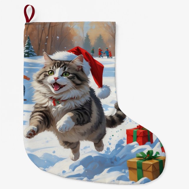 Siberian Cat Running in Snow with Christmas Hat Large Christmas Stocking (Front)
