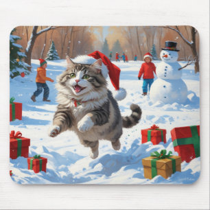 Siberian Cat Running in Snow with Christmas Hat Mouse Pad