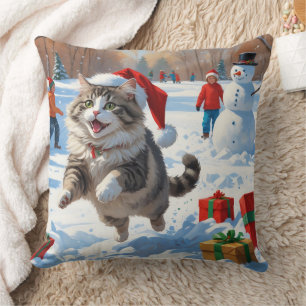 Siberian Cat Running in Snow with Christmas Hat Throw Pillow