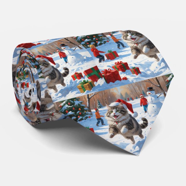 Siberian Cat Running in Snow with Christmas Hat Tie (Rolled)