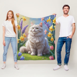Siberian Cat Spring Flowers Painting Fleece Blanket