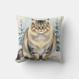 Siberian Cat Watercolor Frost Pattern Art Throw Pillow