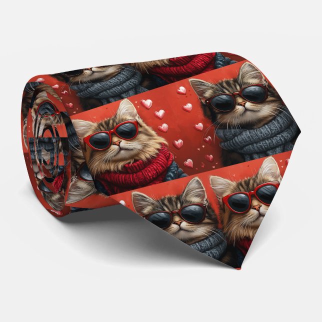 Siberian Cat with Heart Roses Valentine's Day Tie (Rolled)