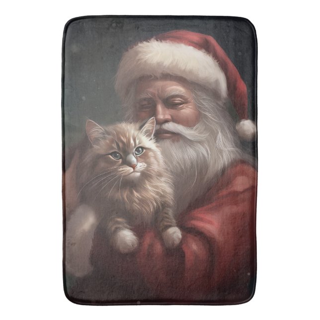 Siberian Cat With Santa Claus Festive Christmas  Bath Mat (Front Vertical)