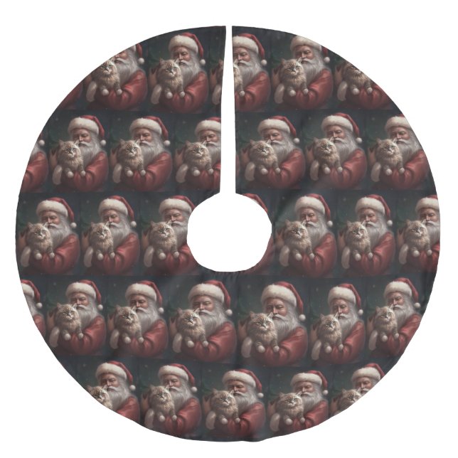 Siberian Cat With Santa Claus Festive Christmas  Brushed Polyester Tree Skirt (Front)