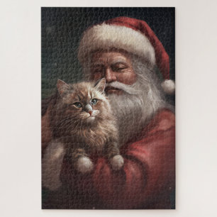 Siberian Cat With Santa Claus Festive Christmas  Jigsaw Puzzle