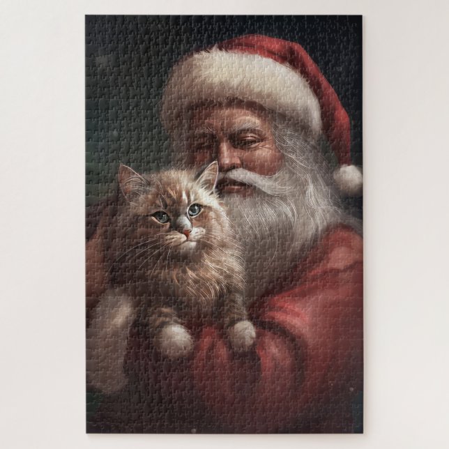 Siberian Cat With Santa Claus Festive Christmas  Jigsaw Puzzle (Vertical)