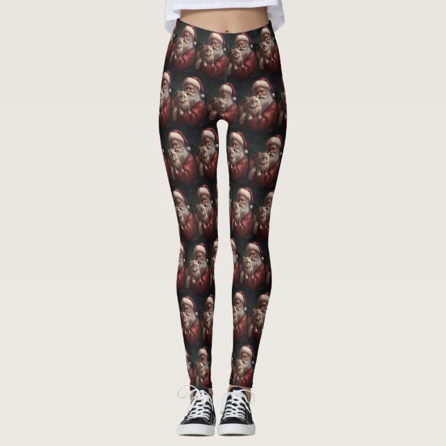 Siberian Cat With Santa Claus Festive Christmas  Leggings (Front)