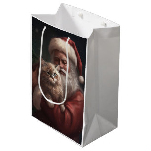 Siberian Cat With Santa Claus Festive Christmas Medium Gift Bag