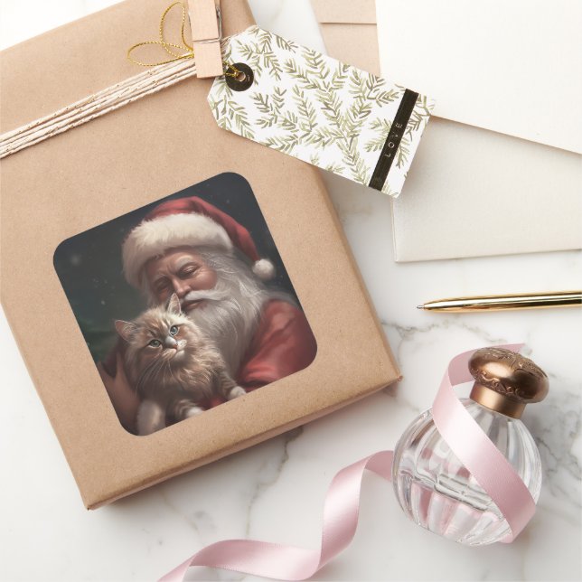 Siberian Cat With Santa Claus Festive Christmas  Square Sticker (Gifting)