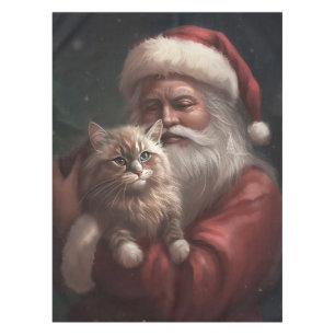 Siberian Cat With Santa Claus Festive Christmas Tablecloth