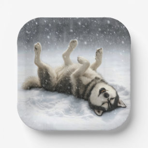Siberian Huskey Creating a Snow Angel Paper Plate