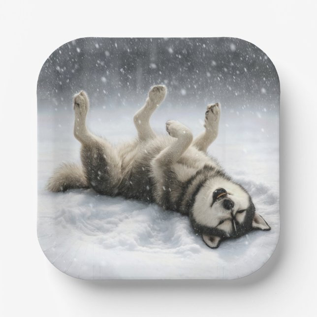 Siberian Huskey Creating a Snow Angel Paper Plate (Front)