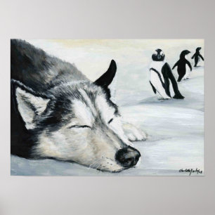"Siberian Huskey's Penquin Dream" Dog Art Poster