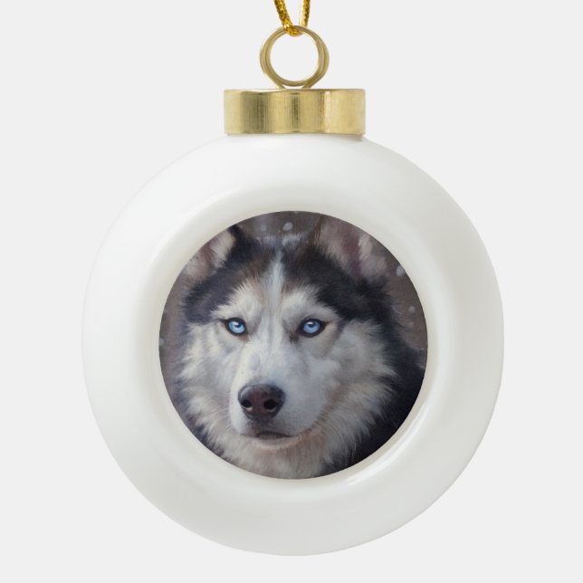Siberian Husky Animal Ceramic Ball Christmas Ornament (Front)