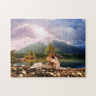 Siberian Husky at Lake Shore in stormy Fall Day - Jigsaw Puzzle