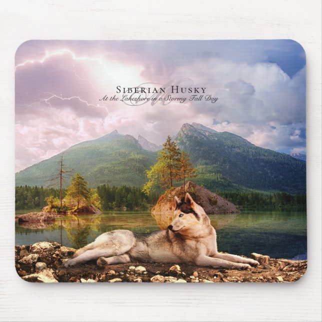 Siberian Husky at Lakeshore in Fall - Personalized Mouse Pad (Front)