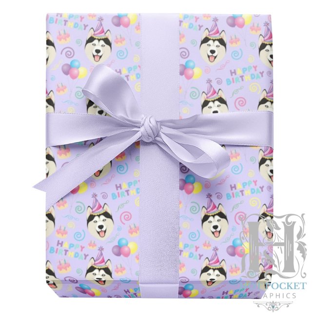 Siberian Husky Birthday Gift Wrapping Paper Purple (Creator Uploaded)
