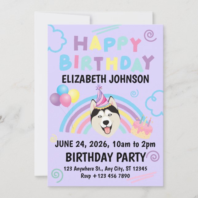 Siberian Husky Birthday Invitation in Purple (Front)