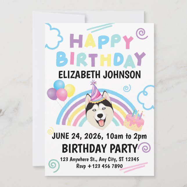 Siberian Husky Birthday Party Invitation White (Front)