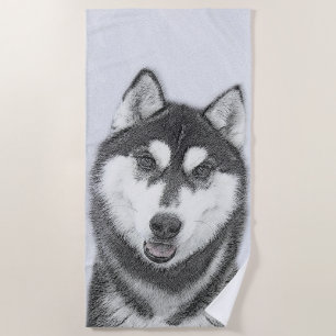 Siberian Husky (Black and White) Painting Dog Art Beach Towel