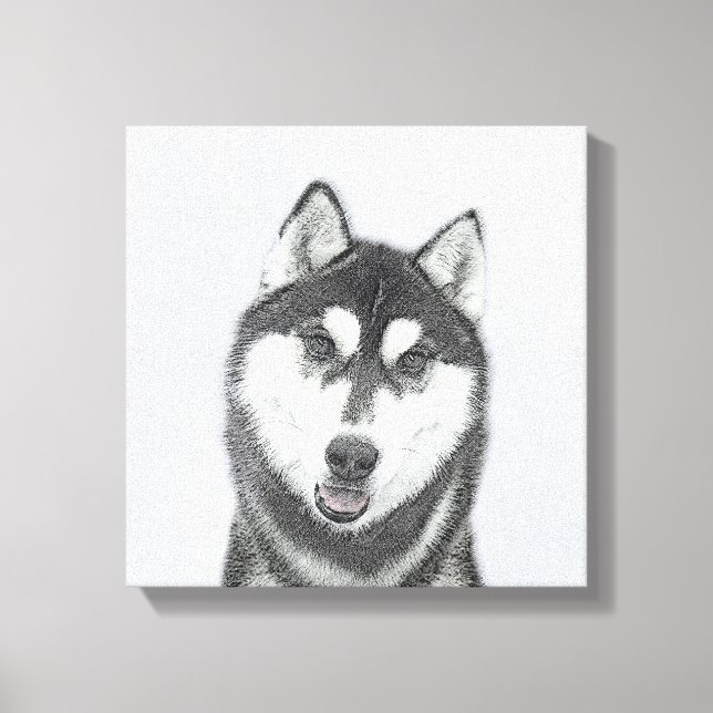 Siberian Husky (Black and White) Painting Dog Art Canvas Print (Front)