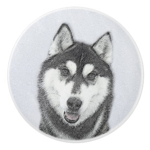 Siberian Husky (Black and White) Painting Dog Art Ceramic Knob