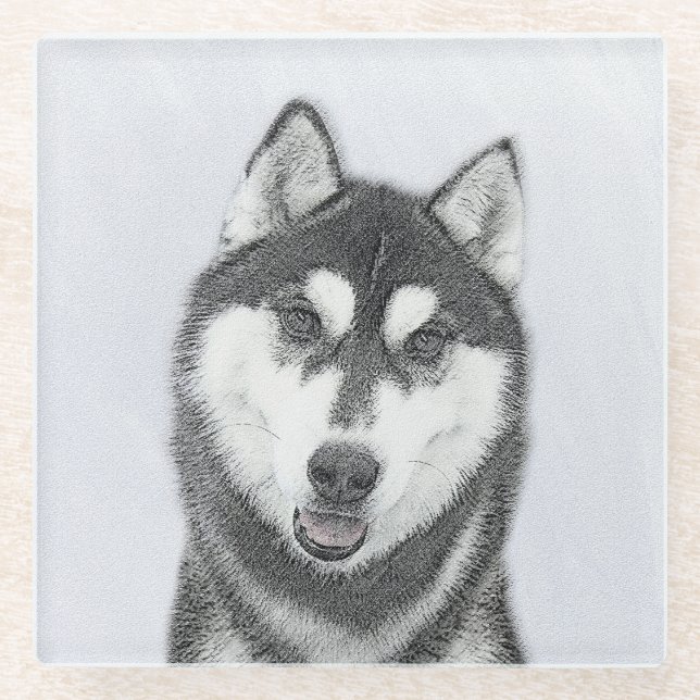 Siberian Husky (Black and White) Painting Dog Art Glass Coaster (Front)