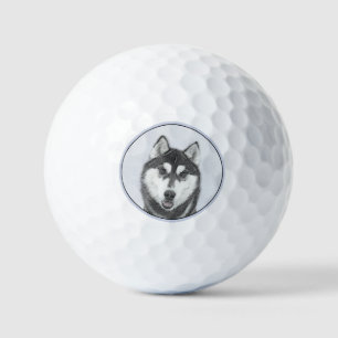 Siberian Husky (Black and White) Painting Dog Art Golf Balls