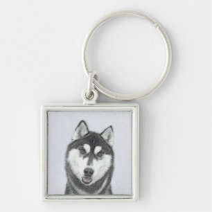 Siberian Husky (Black and White) Painting Dog Art Keychain