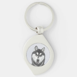Siberian Husky (Black and White) Painting Dog Art Keychain