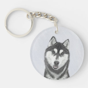 Siberian Husky (Black and White) Painting Dog Art Keychain