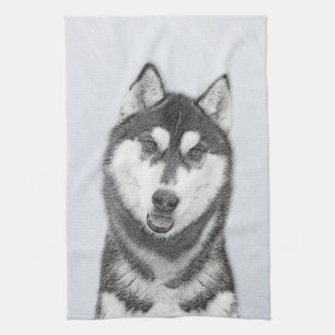 Siberian Husky (Black and White) Painting Dog Art Kitchen Towel