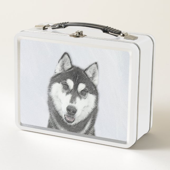 Siberian Husky (Black and White) Painting Dog Art Metal Lunch Box (Front)