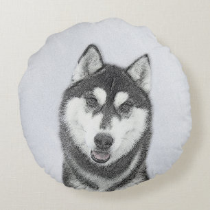 Siberian Husky (Black and White) Painting Dog Art Round Pillow