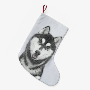 Siberian Husky (Black and White) Painting Dog Art Small Christmas Stocking